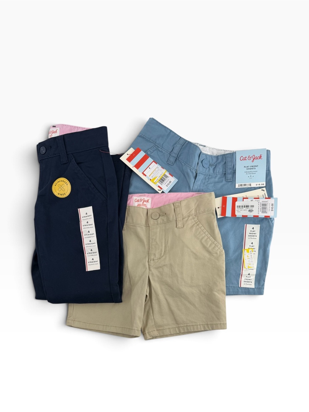 3 piece set Cat & Jack Kids' Cotton Shorts Khaki & Light Blue. Navy pants.